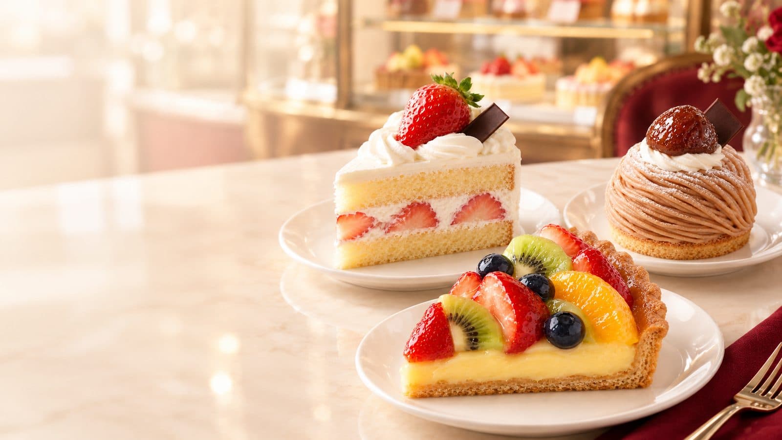 ショーケースの前に並んだショートケーキ・フルーツタルト・モンブラン